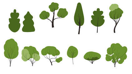 vector set green trees cartoon flat style Nature icon collection, infographic constructor. Game design
