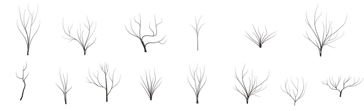 vector set dead winter trees without leaves cartoon style Nature icon collection, infographic constructor. Game design