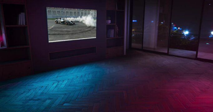 Empty living room in red and blue neon lighting with racing video game moment on the TV.