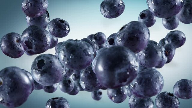 Flying of Blueberries in Cyan Background