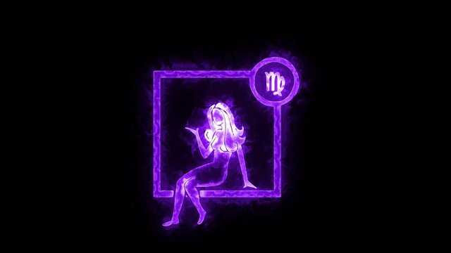 The Virgo zodiac symbol, horoscope sign lighting effect purple neon glow. Royalty high-quality free stock of Virgo signs isolated on black background. Horoscope, astrology icons with simple style