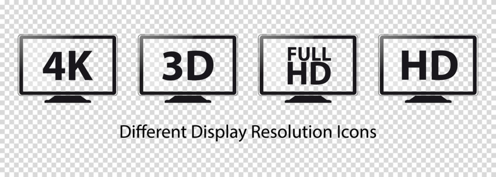 TV Resolutions 4K, 3D, HD And FullHD - Vector Icons - Isolated On Transparent Background