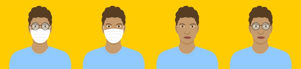 African American with mask and glasses, editable vector