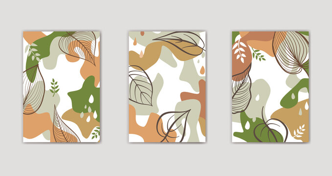 Set of autumn floral design. Floral seamless pattern. Branch with leaves ornamental texture. Flourish nature garden textured background. Abstract organic shape graphic items.