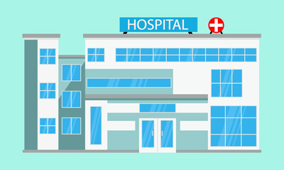 Vector illustration of a cartoon style medical hospital building. Isolated on blue background.
