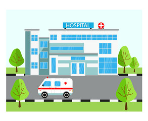 Medical concept with hospital building and ambulance in flat style. Panoramic background with hospital building and ambulance in flat style.