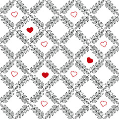 Seamless vector pattern. Freehand drawing of twigs with leaves and hearts.