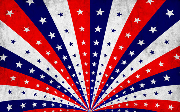 Painted vintage background for a card with sunbeams and colored stars. Rays and stars. Red, white, blue. America. Patriotic background. 