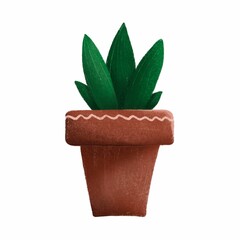 Beautiful home plant in clay pot. Icon in white background. Home garden, aloe. Botanical illustration for decoration, suitable for interior. Good  for Web sites, printings, patterns. 