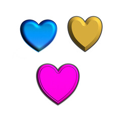 Blue, gold and pink hearts on a white background