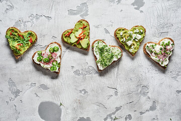 Gourmet selection of heart-shaped cicchetti, canapes or tapas
