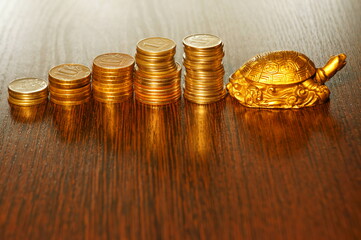 Turtle with coins on a gold background.