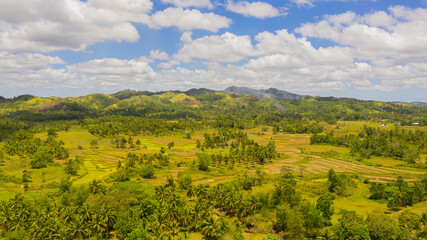 Obraz premium Mountain slopes and hills with tropical vegetation under a blue sky with clouds. Bohol, Philippines.