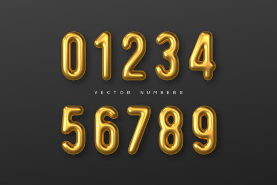 Golden numbers vector set. 3d realistic metal characters. Decorative elements for banner, cover, birthday or anniversary party.