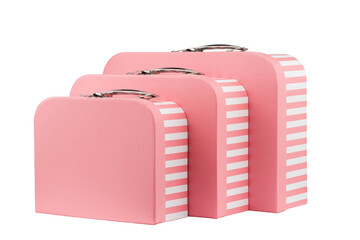 set of three gift boxes in the form of suitcases in white and pink stripes with locks, isolate on a white background