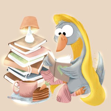 Digital illustration. Goose reads books and eats a cake.