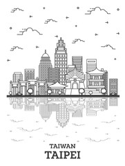 Fototapeta premium Outline Taipei Taiwan City Skyline with Modern Buildings and Reflections Isolated on White.