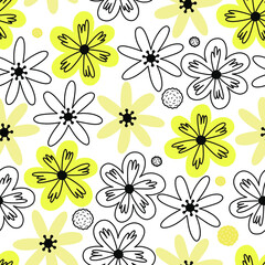 Stylish Spring seamless pattern with yellow flowers and grey leaves in pantone 2021 colors. Vector Easter pattern in Illuminating and Ultimate Gray trendy colors.
