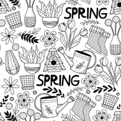 Stylish Spring seamless pattern with flowers, watering can, birdhouse. Vector  doodle Easter pattern in black and white colors.