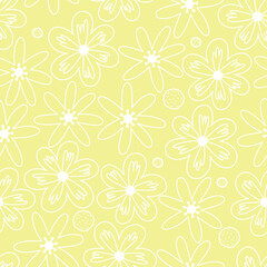 Stylish Spring seamless pattern with yellow flowers and leaves in pantone 2021 colors. Vector Easter pattern in Illuminating trendy colors.