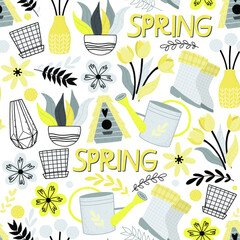 Stylish Spring seamless pattern with yellow flowers and grey leaves in pantone 2021 colors. Vector Easter pattern in Illuminating and Ultimate Gray trendy colors.