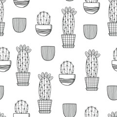 Stylish Spring seamless pattern with cactus flowers and flower pots in pantone 2021 colors. Vector Easter pattern in black and white colors.