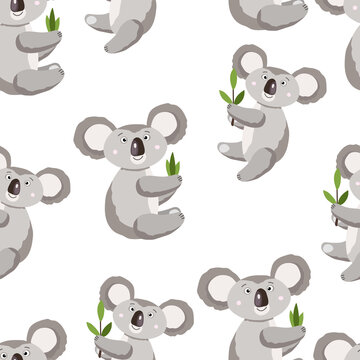 Seamless pattern with cute koala baby on white background. Funny australian animals. Card, postcards for kids. Flat vector illustration for fabric, textile, wallpaper, poster, gift wrapping paper.