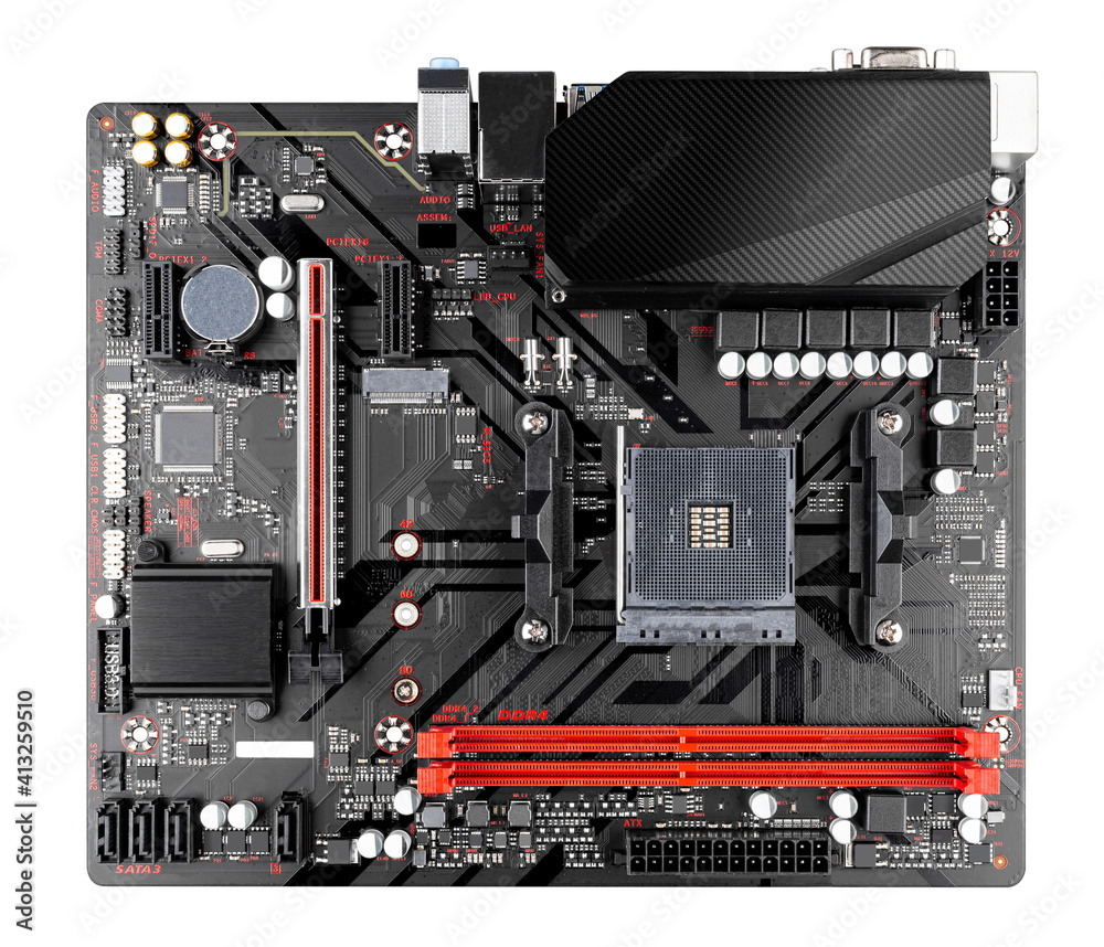 Wall mural black computer mainboard or motherboard of a pc in micro atx format with red ram memory sockets isol