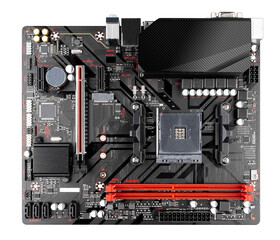 black computer mainboard or motherboard of a pc in micro atx format with red RAM memory sockets  isolated white background. pc hardware technology concept