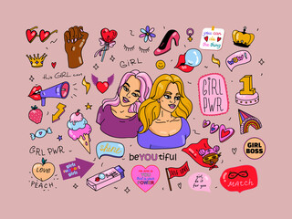 Collection of feminist stickers. Symbols of girl power and gender equality. Colorized doodle style. International  Women's  day concept. Patch, sticker, badge. Vector illustration.