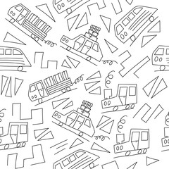 Doodle monoline cars background. Seamless baby boy pattern in vector. Texture for wallpaper, fills, web page background