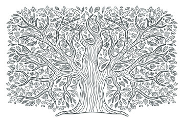 A big tree, a family tree. Oak in a decorative style. The contour. For the design of magazines, booklets, books, etc. Isolated on a white background.