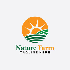 Nature Farm and farming vector logo illustration design. sun farm.Isolated illustration of fields  farm landscape and sun. Concept for agriculture ,harvesting ,natural farm,  organic products.