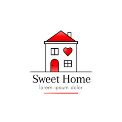 Home sweet home concept with house and heart. Logo for real estate in line art and cute design.