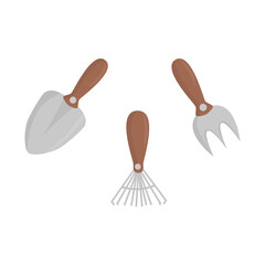 Set with small hand rake, shovel and fork. Flat illustration. Isolated on white background.
