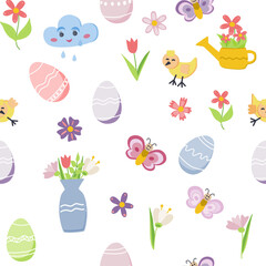 Spring time and easter collection of cute elements on white background. egg, bee, cloud, bird, flower Perfect for cards, stickers