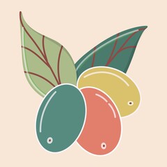 Coffee beans and leaves. Flat icon in gentle colors. Stylish vintage illustration for labels, packaging, branding. Vector.