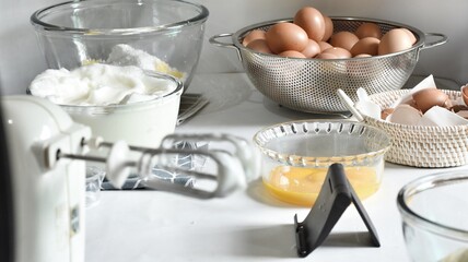 Fototapeta na wymiar food preparation,making homemade marble cake. white backround 