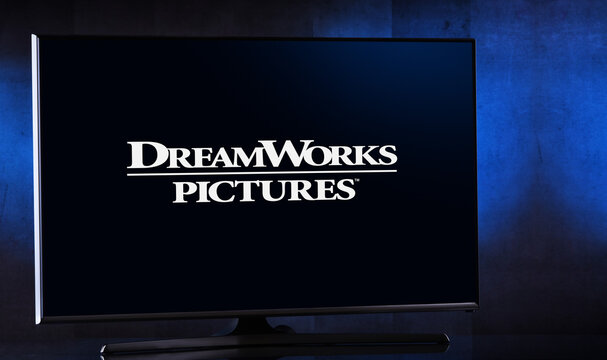 Flat-screen TV set displaying logo of DreamWorks Pictures