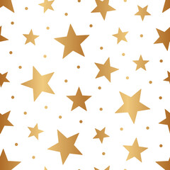 Stars seamless pattern. Gold star with foil effect. Golden sparkle star. Scatter glitter stars. Repeated elegant texture foil. Repeating delicate background. Design for gift wrappers, prints. Vector
