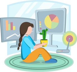 A girl with a cactus in her hands on the background of computer vector