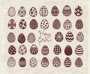 Collection of cute doodle eggs on vintage background.