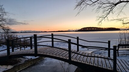 Sunset at icy lake