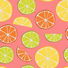 Fototapeta premium Bright seamless pattern with image of a slice of lemon, lime and orange. For the decoration of textiles or Wallpaper.