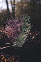 the colors of the rainbow seen in the spider's web adorned with drops of water in spring season at sunrise