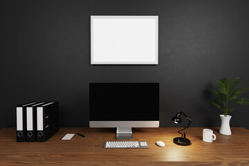 modern clean office workspace with computer screen and dark concrete wall and large white empty canvas; copy space; 3D Illustration