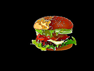 Beautiful illustration of burger isolated on plain black background
