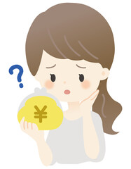 財布を持った女性のイラスト（かわいい・主線なし・疑問）