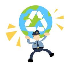 police officer and healthy world recycle cartoon doodle flat design style vector illustration