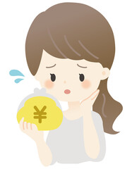 財布を持った女性のイラスト（かわいい・主線なし・悩み）